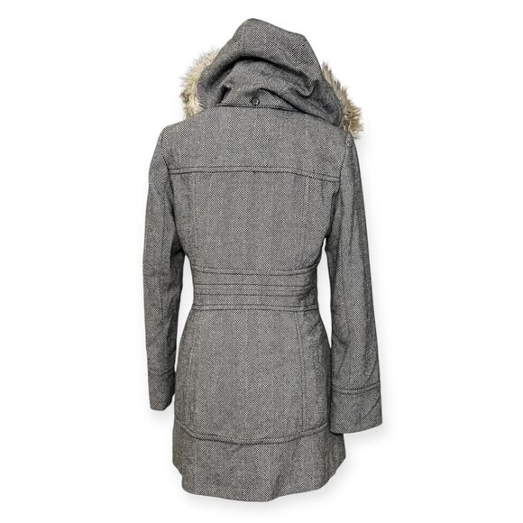 Esprit Women’s M Wool Blend Herringbone Coat Faux Fur Hood Button Front Winter - Picture 2 of 15